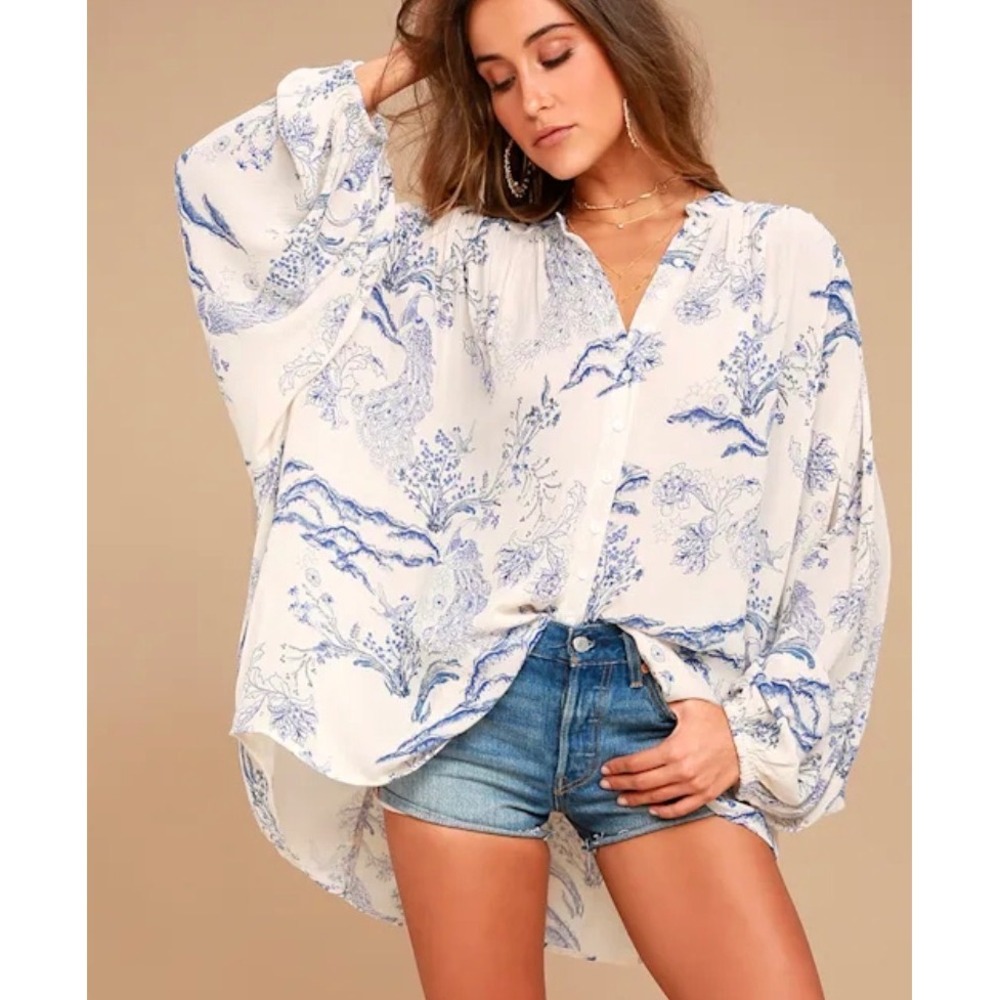 Free People Peacock Toile Print Tunic Top Blue Cream Oversized Blouse XS